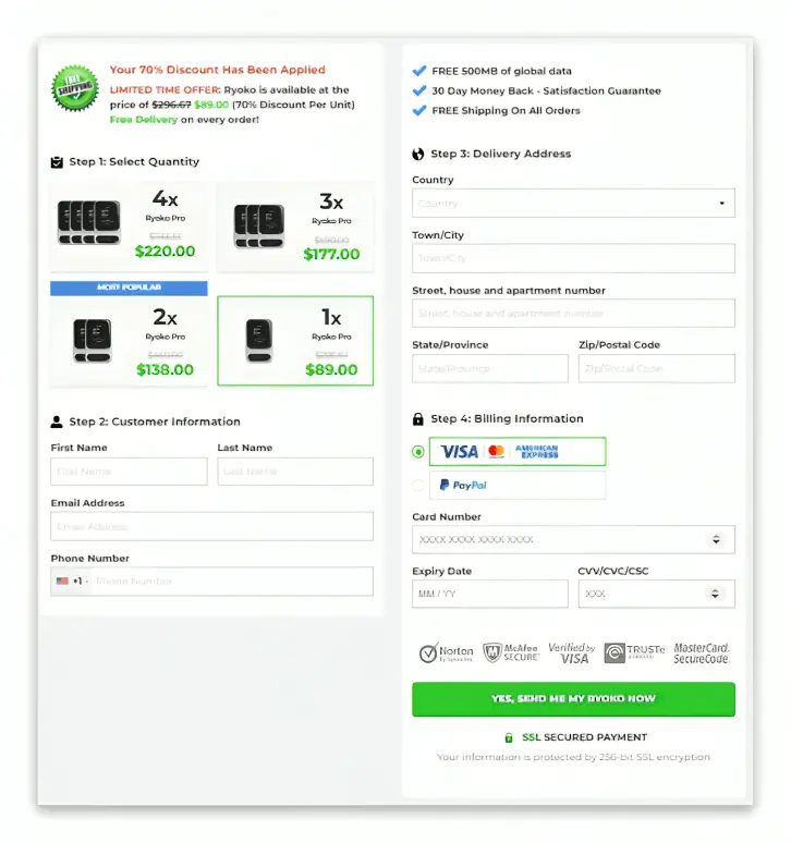 Ryoko Pro secure checkout page